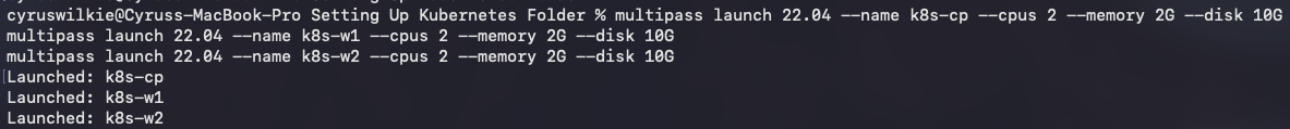Launching the three Multipass VMs
