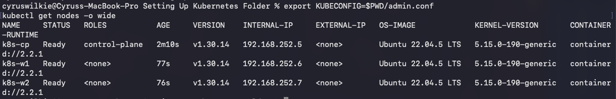 kubectl get nodes showing all three nodes Ready