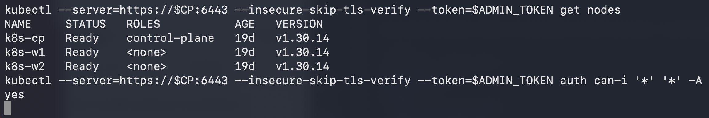 Confirming full cluster-admin access with kubectl auth can-i