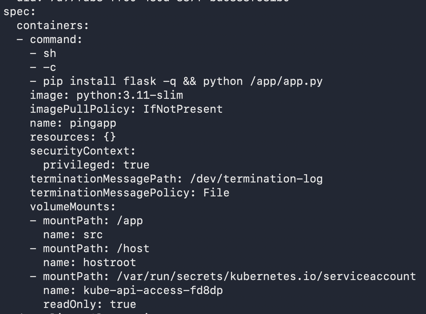Inspecting the compromised pod&rsquo;s configuration with kubectl